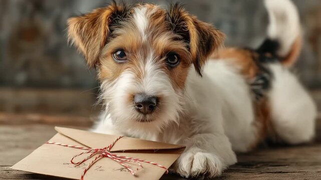 A little white and brown dog wearing a red ruby envelope