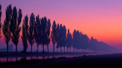 Serene sunrise over canal, silhouetted trees reflecting in still water