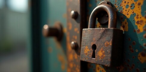 Close-up rusted lock, cell bars, contrasting light , old, shadow
