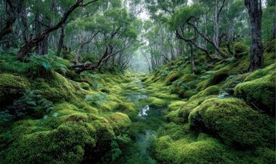 Lush mossy forest creek path