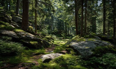 Sunlit forest path with mossy rocks