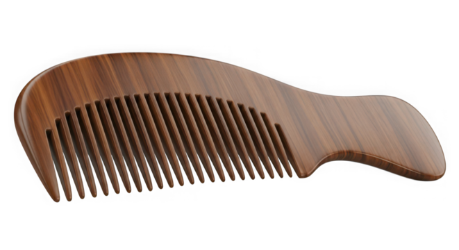 Natural wood comb with fine teeth and curved handle