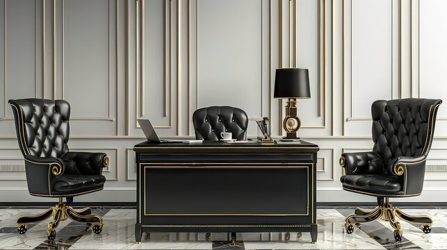A luxurious office interior with black leather chairs and a desk against a paneled wall