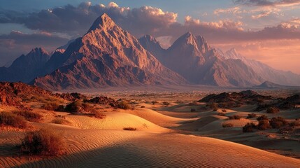 Fototapeta premium Dramatic desert mountain range at golden hour