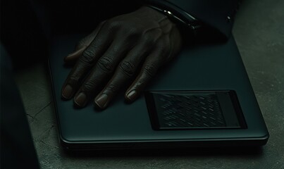 A close-up of a dark-skinned male's hand resting on a sleek, matte black laptop, conveying a sense of sophistication and modern technology in a minimalist setting.