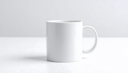 Fototapeta premium Minimalist plain white ceramic coffee mug with a curved handle on a clean white surface for daily use and simple beverage presentation