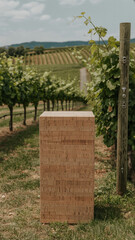 Naklejka premium Rustic cork podium displayed in vineyard with lush grapevines on a beautiful sunny day