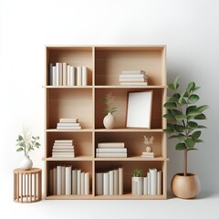 Minimalist bookshelf displays neutral books and plants against a white wall in soft, diffused light.