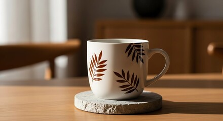 Obraz premium Rustic Ceramic Mug with leaf pattern Design and Earthy Tones, Perfect for Coffee or Tea 