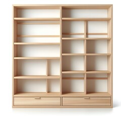 A light wood bookshelf with empty shelves and two drawers exhibiting clean lines and minimalism.