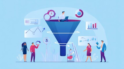 marketing funnel and data analytics used by a team of sales consultant to analyze leads generation, conversion rate, and sales performance of e commerce. multi channel advertising, customer journey.