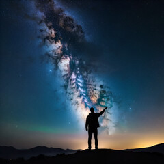 Fototapeta premium Silhouette of a man pointing to the Milky Way Galaxy