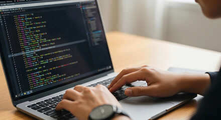 Hands coding on a laptop with programming script displayed. Represents cybersecurity, hacking, software development, and technology.