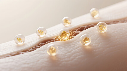 The transparent microcapsules on the skin contain golden ingredients, representing precise skincare technology, used in high-end anti-aging skincare product promotion scenarios.
