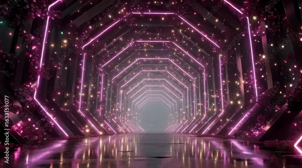 Poster futuristic tunnel with glowing pink neon geometric frames intertwined with dark organic floral eleme