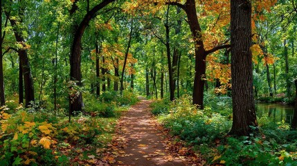 Obraz premium Autumnal forest path, sunlight filters through trees