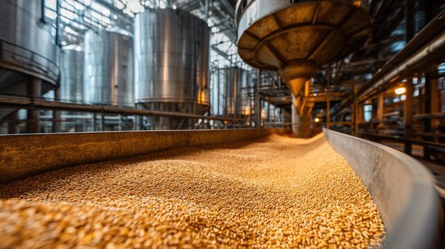 Industrial Grain Processing Facility with Metal Silos and Conveyor Belts Transporting Wheat for Production Efficiency