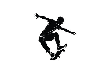 Dynamic silhouette of a skateboarder performing an aerial trick against a clean white background capturing the energy of extreme sports and urban culture silhouette