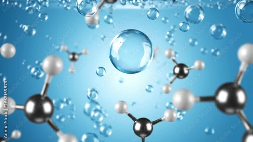 Poster molecular structure visual atom models in a blue liquid with floating bubbles