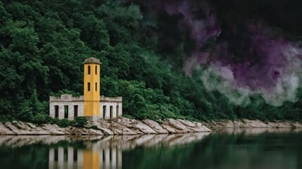 Fototapeta premium Abandoned yellow building beside a calm lake with lush green trees and moody purple smoke