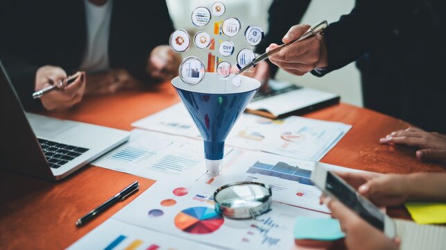 marketing funnel and data analytics used by a team of sales consultant to analyze leads generation, conversion rate, and sales performance of e commerce. multi channel advertising, customer journey.