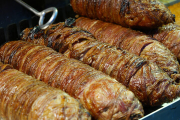 Turkish Popular Street Food Kokorec made with sheep bowel 