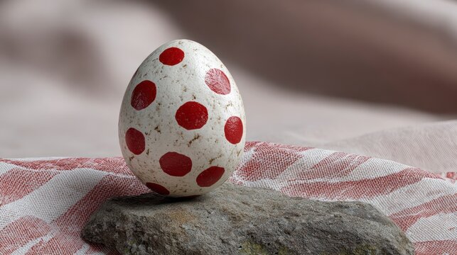 Speckled egg with red polka dots rests on a stone beside a striped cloth