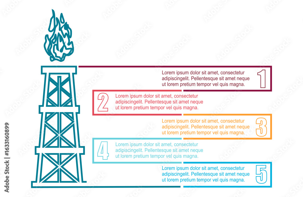 Poster gas tower icon with five features or option of project to select. minimal infographic illustration f