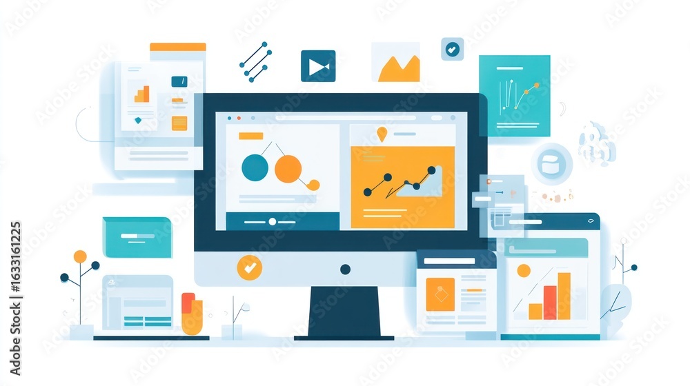 Poster digital interface with multiple documents and charts. use stock photo for business, technology, or d