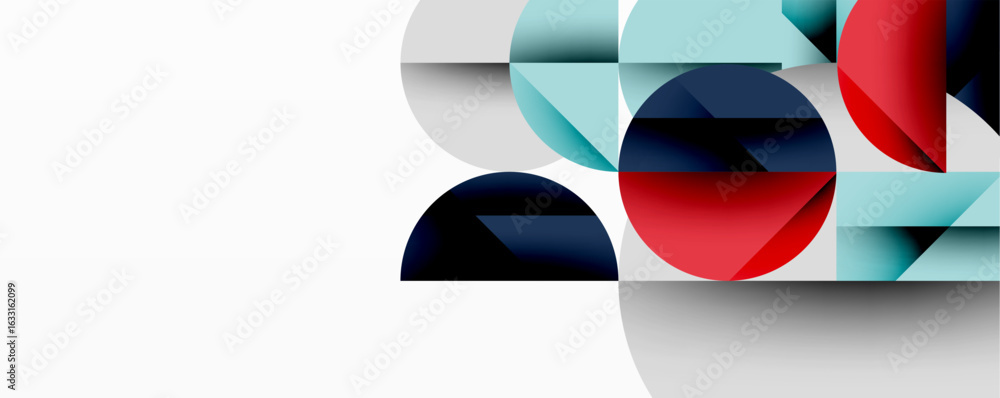 Poster abstract geometric composition. overlapping circles, squares create dynamic visual effect. red, blue