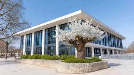 Modern building with blooming tree and clear blue sky architecture contemporary