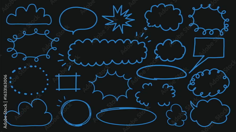Poster collection of blue speech bubbles and thought clouds on a dark background. various shapes of speech 