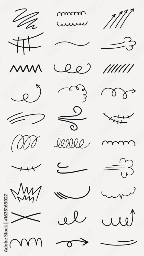 Poster collection of abstract black line doodles. curved, wavy, and zigzag patterns. simple line art for cr