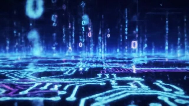Abstract digital visualization of flowing binary code and glowing circuit board patterns in a futuristic, hightech environment, representing data processing and cyber technology