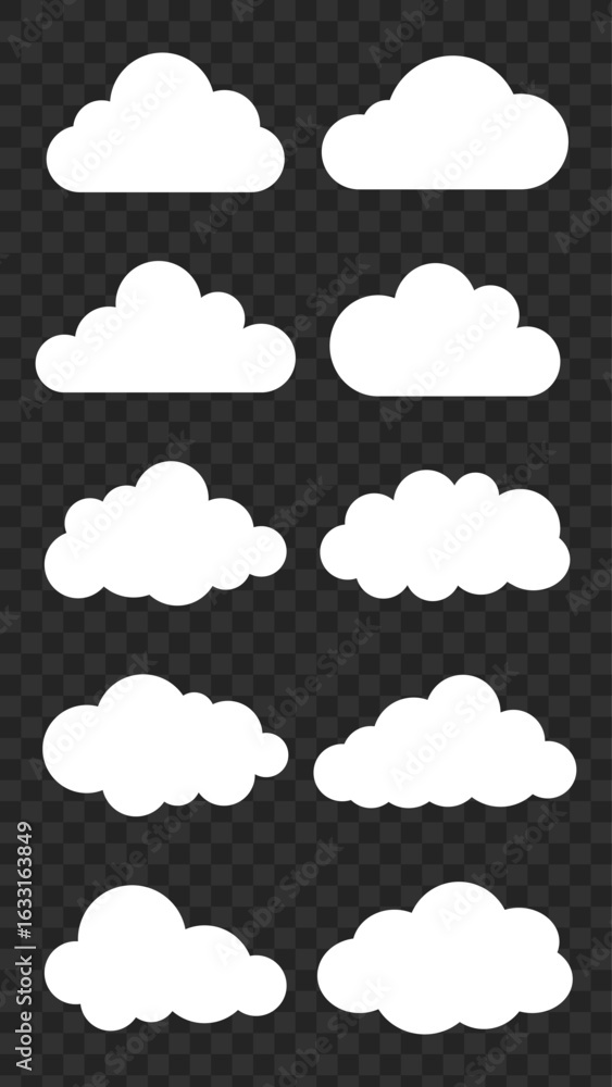 Poster set of white cloud icons on a transparent background. cloud shapes vary in size and style. perfect f