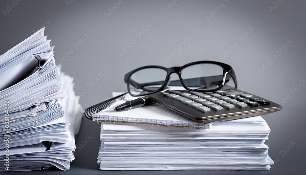 Poster glasses on top of spreadsheet and calculator stack