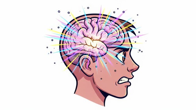 Animated character experiencing intense mental activity, brain firing animation cycle