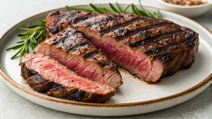 Grilled salmon steak with herbs on wooden table &ndash; healthy seafood meal JPG image