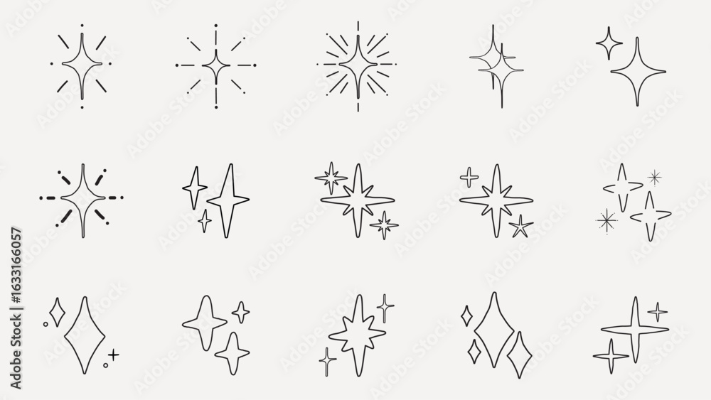 Poster set of 12 star icons in minimalist style. star icons feature simple, clean lines. minimalist star ic