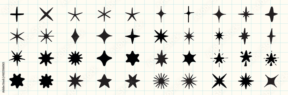 Aufkleber grid of 40 black star shapes. star shapes vary in design. star shapes on a grid. star shapes in a gr