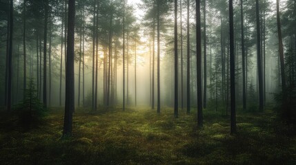 Fototapeta premium A view of a dense forest with tall trees and a misty atmosphere on a sunny day in the wilderness