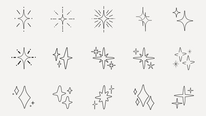 Set of 12 star icons in minimalist style. Star icons feature simple, clean lines. Minimalist star icons ideal for design projects. Variety of star icon shapes. Element vector set.