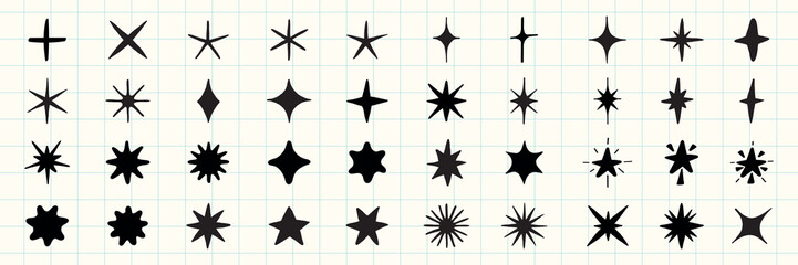 Grid of 40 black star shapes. Star shapes vary in design. Star shapes on a grid. Star shapes in a grid pattern. Diverse star shapes in black. Element vector set.