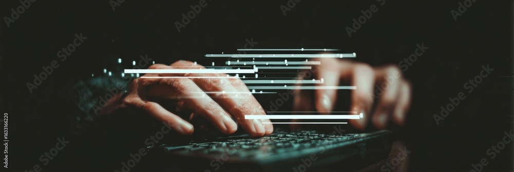 Poster hands typing rapidly on a keyboard with digital effects in a dimly lit environment during late night
