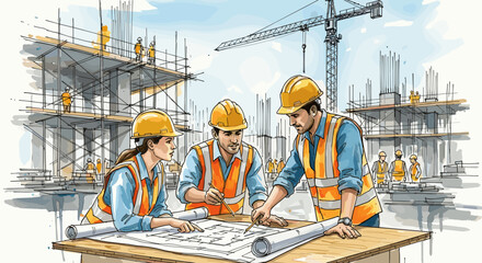 Construction team reviewing blueprint at building site illustration