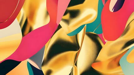 Abstract shapes in vibrant colors and metallic textures.