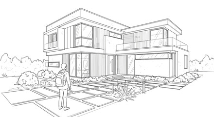 Modern house exterior design architectural drawing line art illustration