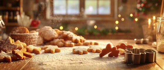 Capture the warmth and joy of Bake Cookies Day, featuring freshly baked cookies in various shapes and flavors, with rolling pins, cookie cutters, and a sprinkle of flour, celebrating homemade treats
