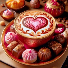 Luxury Romantic Cappuccino with Chocolates and Pastries 
