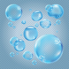 Floating blue bubbles on a transparent background. Bubbles vary in size, creating a light, airy feel. Perfect for designs needing a bubble effect. Soap bubble element vector set.
